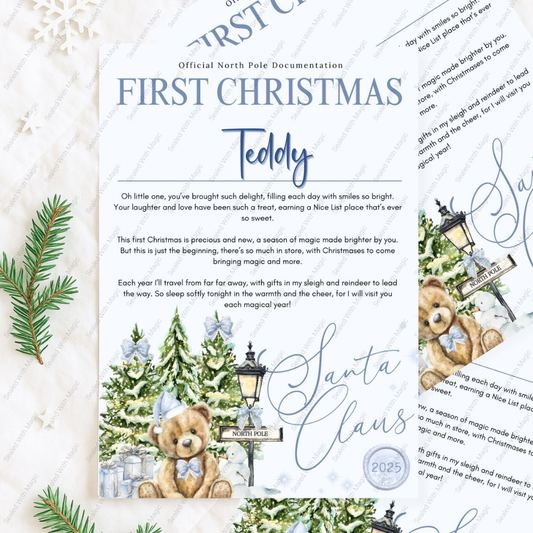 A4 Personalised Name First Christmas Teddy Bear Design