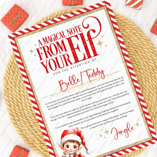 Personalised Letter from a magical elf on a decorative mat with Christmas-themed elements.