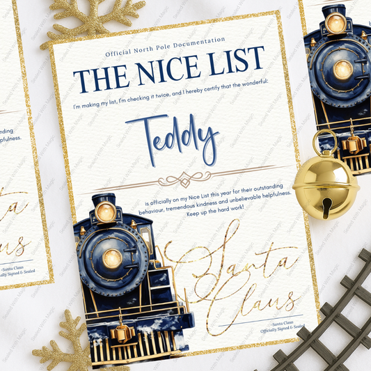 Personalized 'The Nice List' letter with a train design and gold accents on a white background.