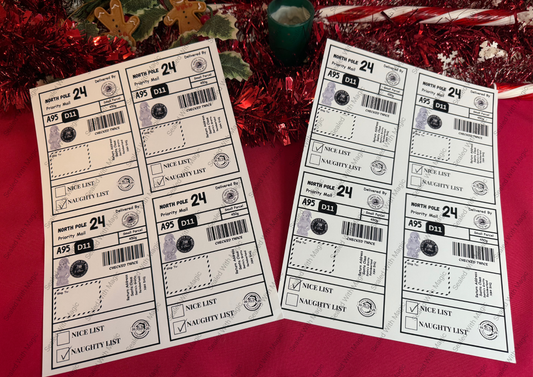 Two Christmas-themed postage labels on a red background with festive decorations.