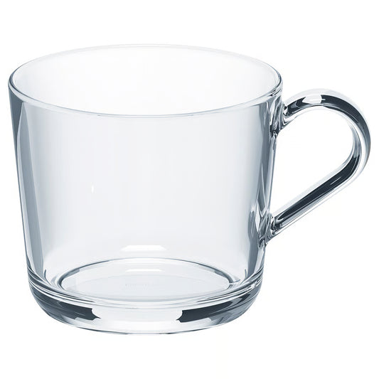 Clear glass mug with handle on a white background