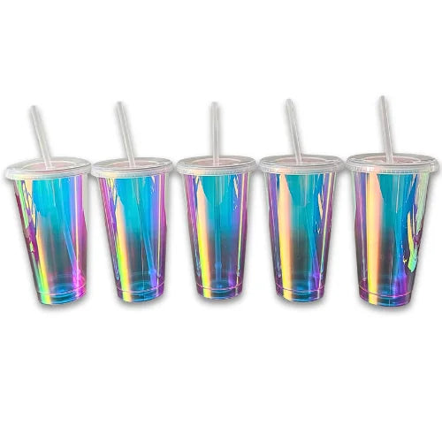 Set of five iridescent tumblers with straws on a white background