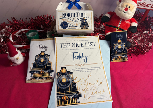 Christmas-themed gift set with train design on a red background