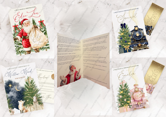 Collection of Christmas-themed greeting cards with Santa Claus, trees, and trains on a textured white surface.