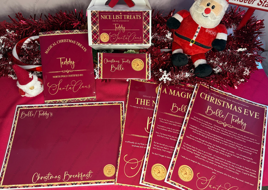 Christmas Tartan-themed packaging with Santa Claus figurine, gift boxes, and festive text on a red background.