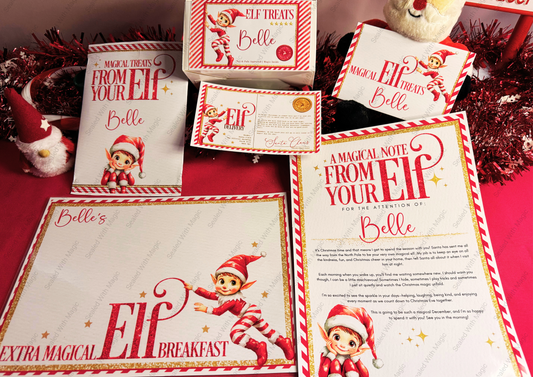 Collection of 'Elf' themed gift items including letters and cards on a red background.