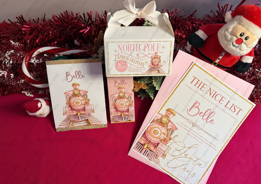 Christmas-themed gift cards with Santa Claus and festive decorations on a red surface.