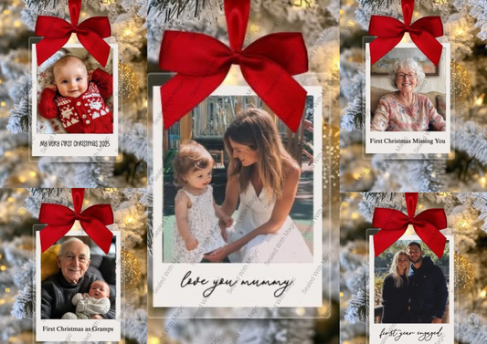 Personalized photo ornaments with red bows on a Christmas tree.