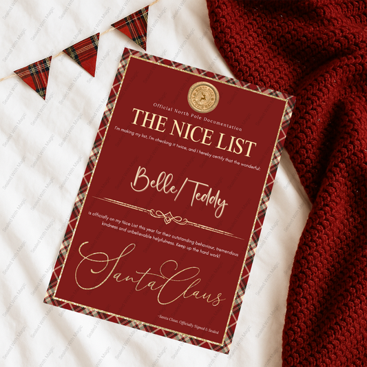 Tartan Letter titled 'The Nice List' from Santa Claus on a white textured surface with plaid decorations.