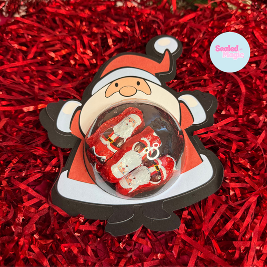 Santa Claus-shaped dome with small chocolates inside on a red textured background