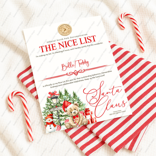 Christmas-themed 'The Nice List' letter with candy canes and a striped fabric on a textured surface.