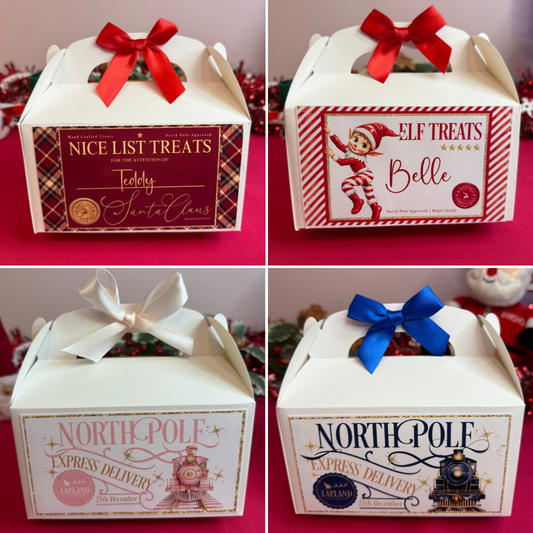Four Christmas-themed gift boxes with different designs and colors on a pink background.