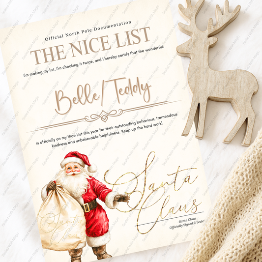 Personalized 'Nice List' certificate from Santa Claus with a wooden reindeer decoration on a textured surface.