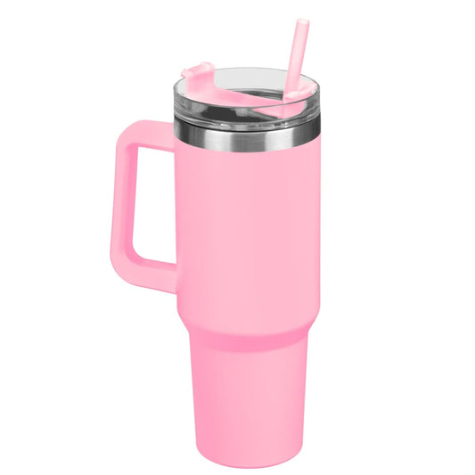 Pink insulated tumbler with handle and straw on a white background